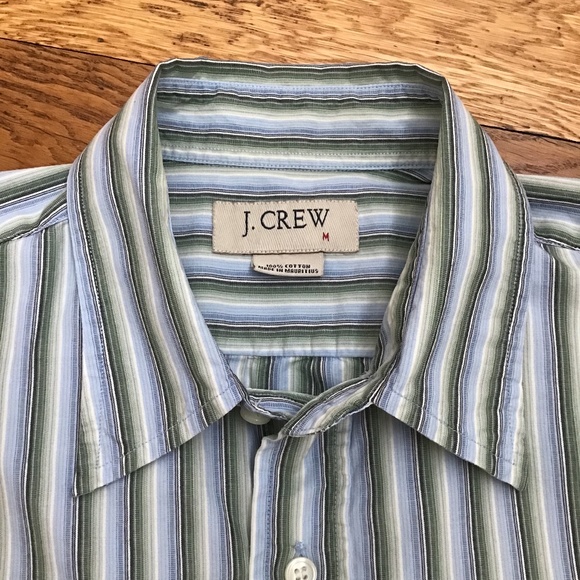 J. Crew Men's Short Sleeve Cotton Shirt Medium Blue Green Stripe - Picture 2 of 10
